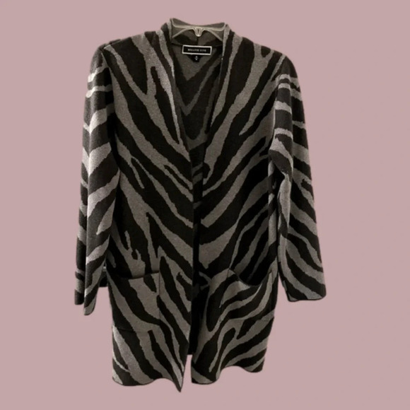 ❤️Melanie Lyne open cardigan Women M  grey animal print soft fabric with pockets - Picture 1 of 9
